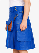 Standard Blue leather Kilt with gold buttons and a brown leather bag held by a person