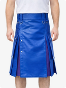 Standard Blue Leather Utility Kilt with Purple Pleats, Side Pockets & D-Ring Hardware