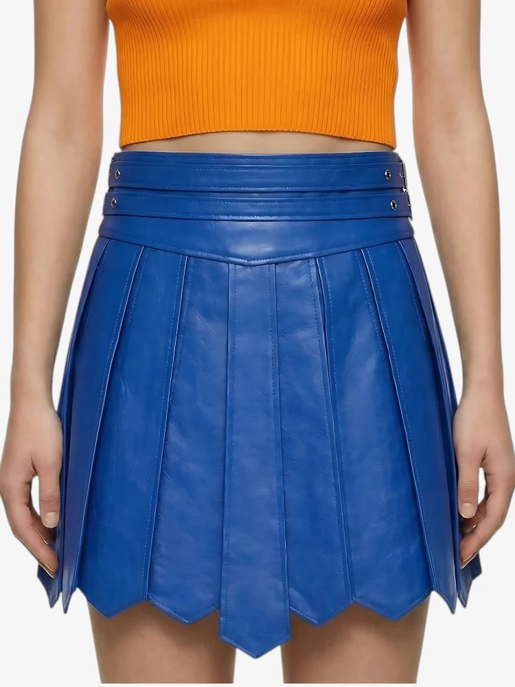 Kilt Highland en cuir bleu pour femme avec ceinture ajustable et plis classiques