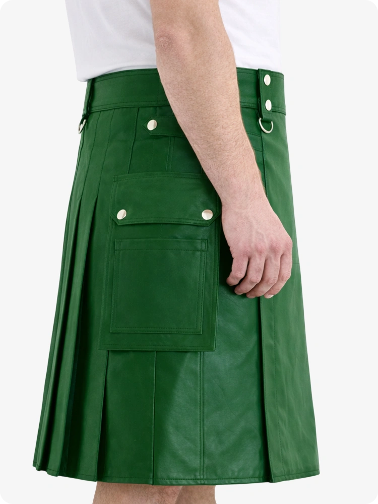 Standard Green Genuine Leather Utility Kilt with Cargo Pockets & D-Rings
