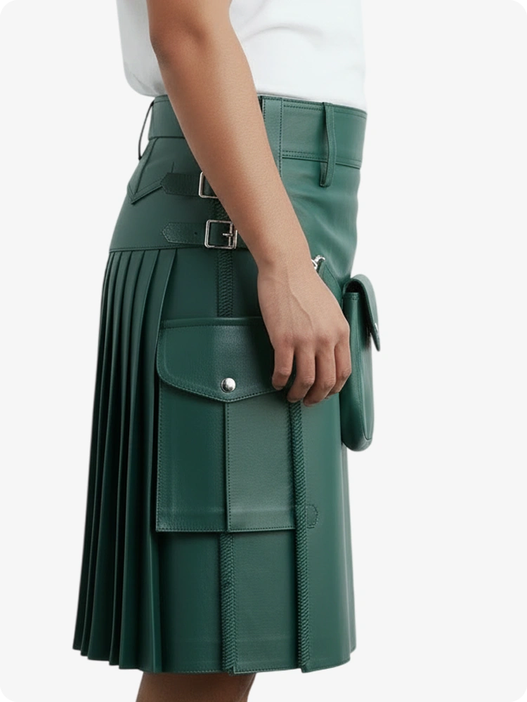 Kilt en cuir plissé vert standard avec passants de ceinture et sangles latérales