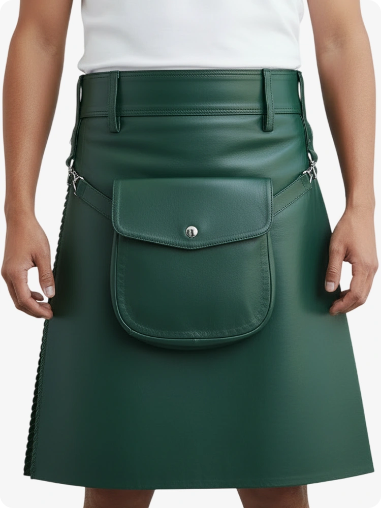 Kilt en cuir plissé vert standard avec passants de ceinture et sangles latérales