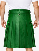 Standard Green pleated kilt worn by a person on a white background