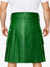 Standard Green pleated kilt worn by a person on a white background