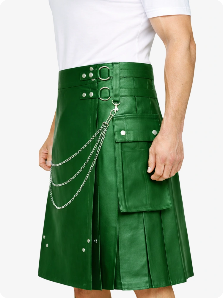 Standard Green Leather Utility Kilt with Chain Detailing & Adjustable Straps