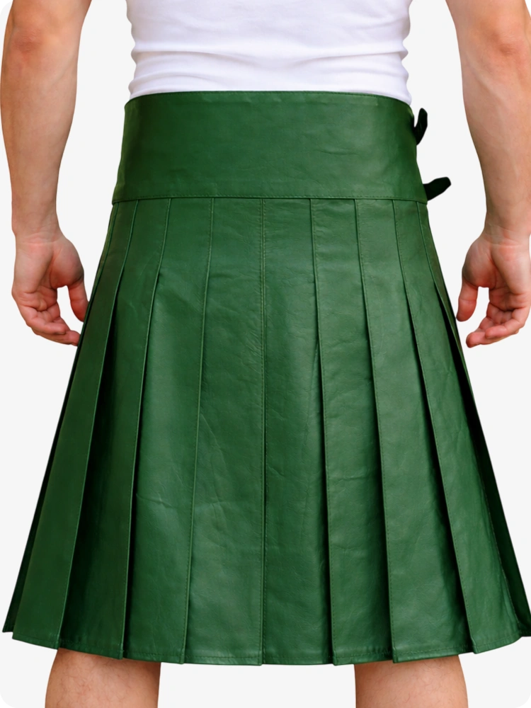 Standard Green Leather Utility Kilt with Front Pocket & Adjustable Buckle Straps