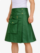 Standard Green leather skirt with gold buttons and hardware on a white background