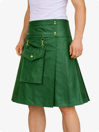 Standard Green leather skirt with gold buttons and hardware on a white background