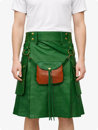 Standard Green leather skirt with brown leather pouch on a white background
