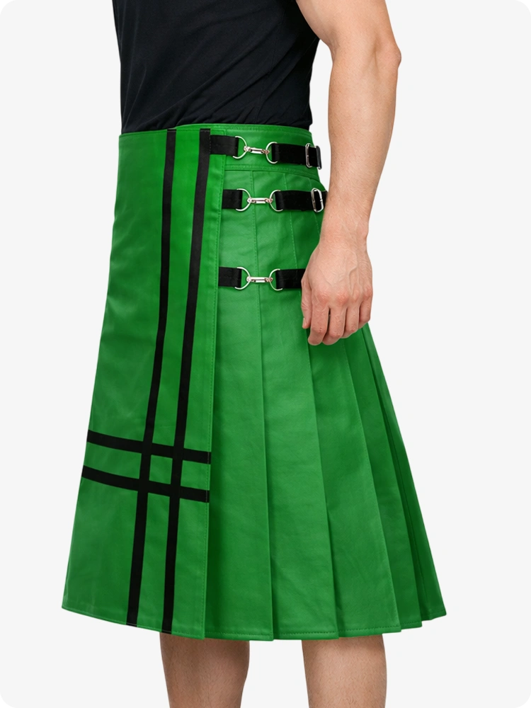 Standard Green skirt with black straps and buckles on a white background