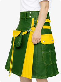 Standard Green Leather Utility Kilt with Yellow Accents & Detachable Pockets