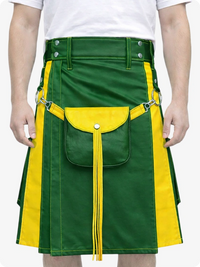 Standard Green Leather Utility Kilt with Yellow Accents & Detachable Pockets