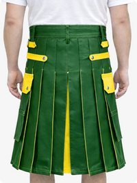 Standard Green kilt with yellow accents worn by a person on a white background