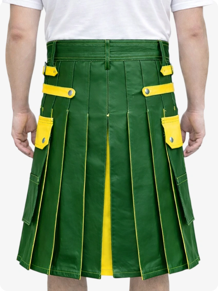 Standard Green kilt with yellow accents worn by a person on a white background