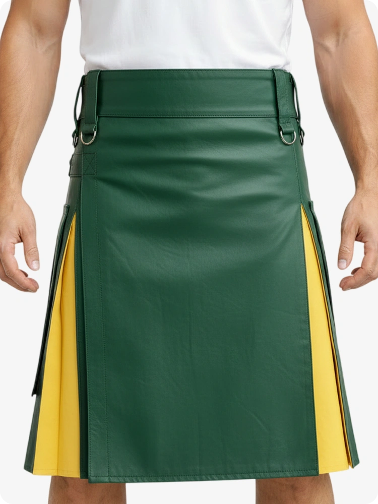 Kilt en cuir vert standard et jaune avec poches cargo