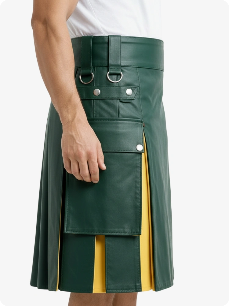 Kilt en cuir vert standard et jaune avec poches cargo