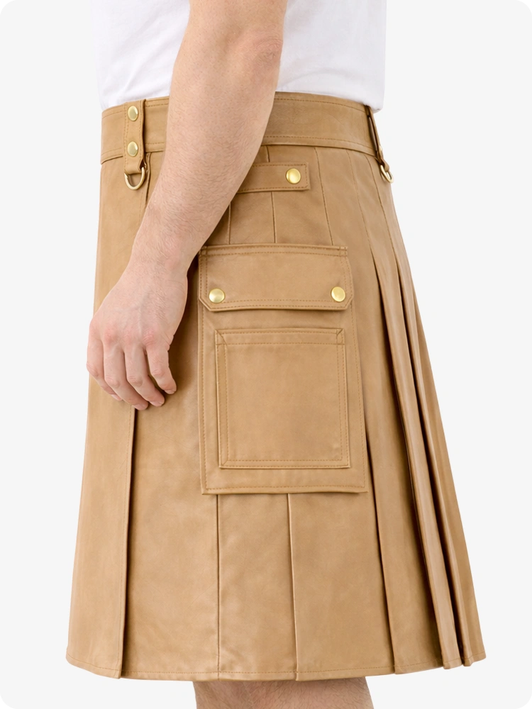Tan Genuine Leather Utility Kilt with Cargo Pockets & D-Rings