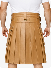Tan Leather Utility Kilt with Chain Detailing & Adjustable Straps