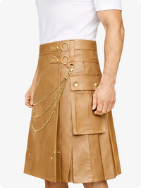 Tan leather skirt with gold chain detail on a white background