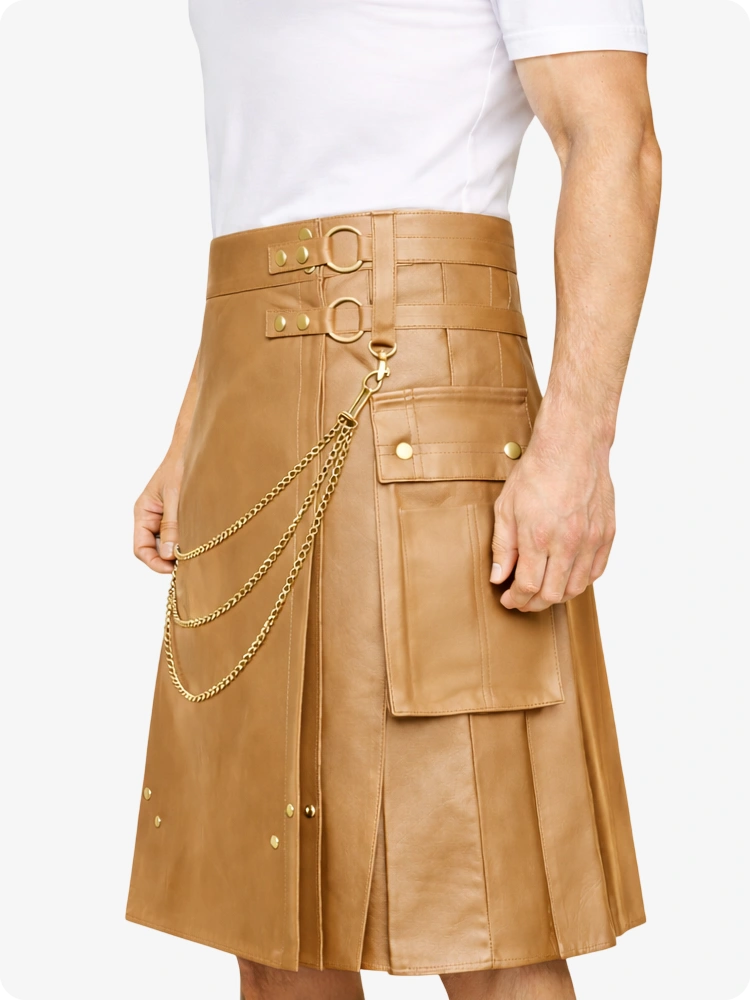 Tan leather skirt with gold chain detail on a white background