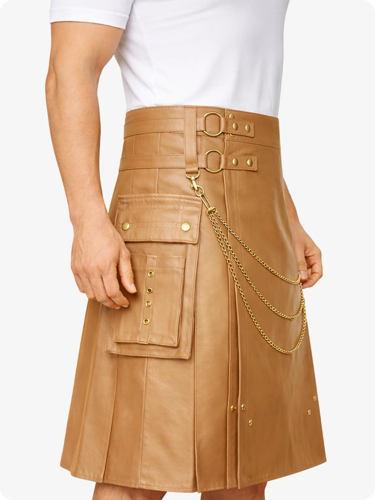 Tan Leather Utility Kilt with Chain Detailing & Adjustable Straps