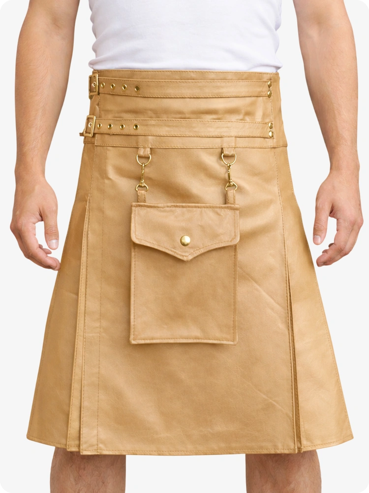 Tan Leather Utility Kilt with Front Pocket & Adjustable Buckle Straps