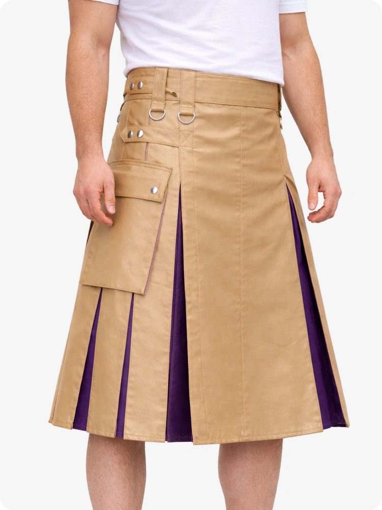 Tan Leather Utility Kilt with Purple Pleats, Side Pockets & D-Ring Hardware
