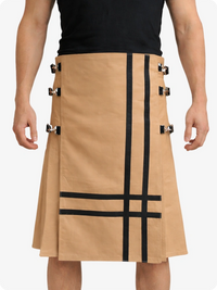 Tan skirt with black crosshatch pattern and gold buttons worn by a person on a white background