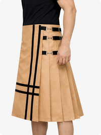 Tan skirt with black belt and plaid pattern on a white background
