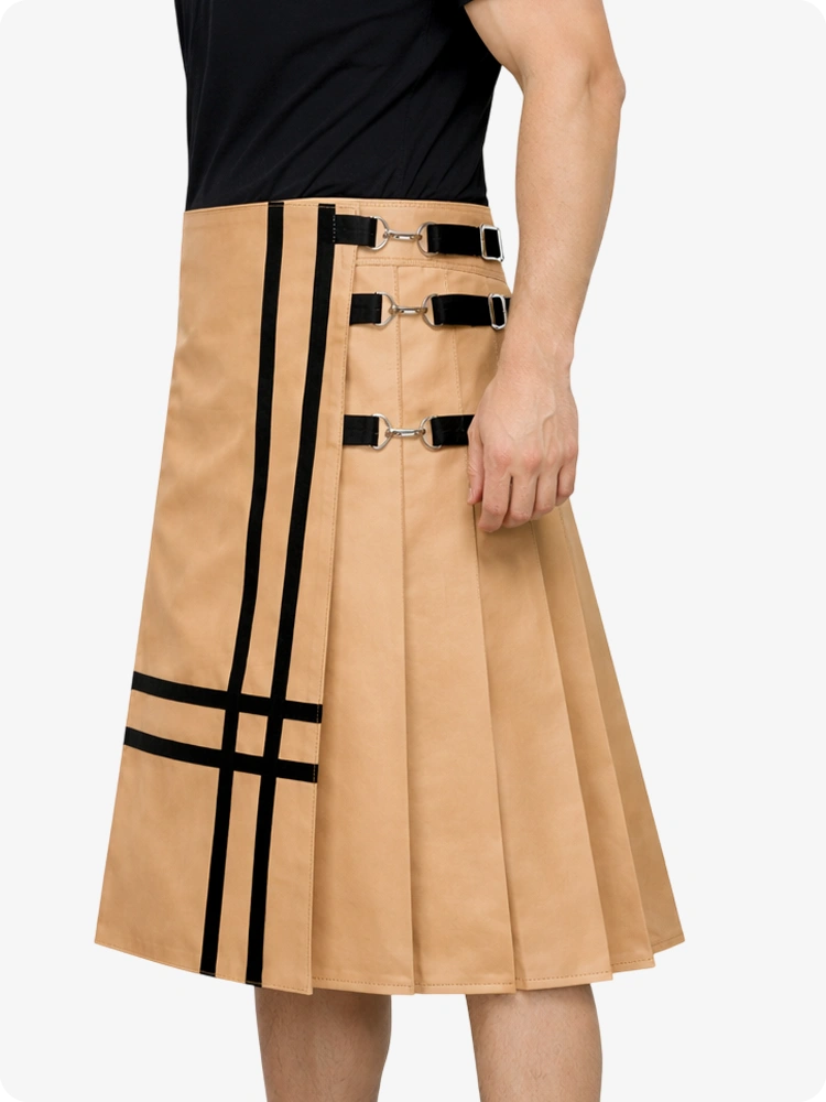 Tan skirt with black belt and plaid pattern on a white background
