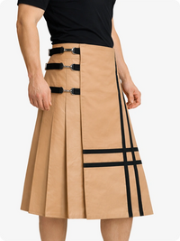 Tan skirt with black accents worn by a person on a white background