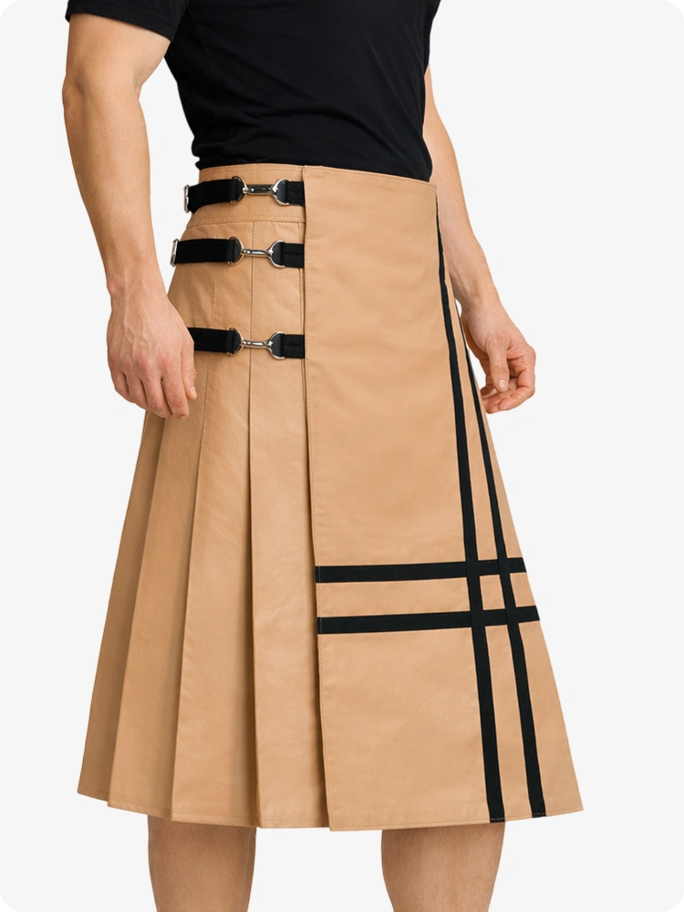 Tan Leather Utility Kilt with Side Buckles & Pleated Back