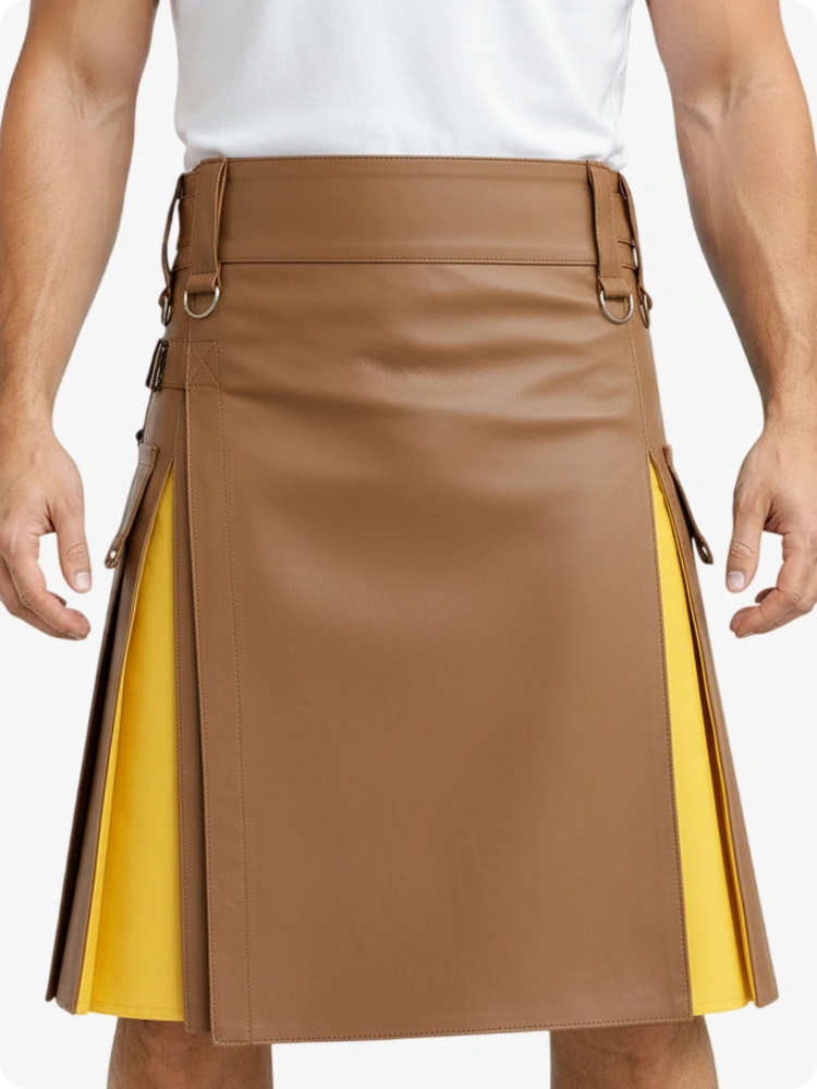 Kilt en cuir tan et jaune avec poches cargo