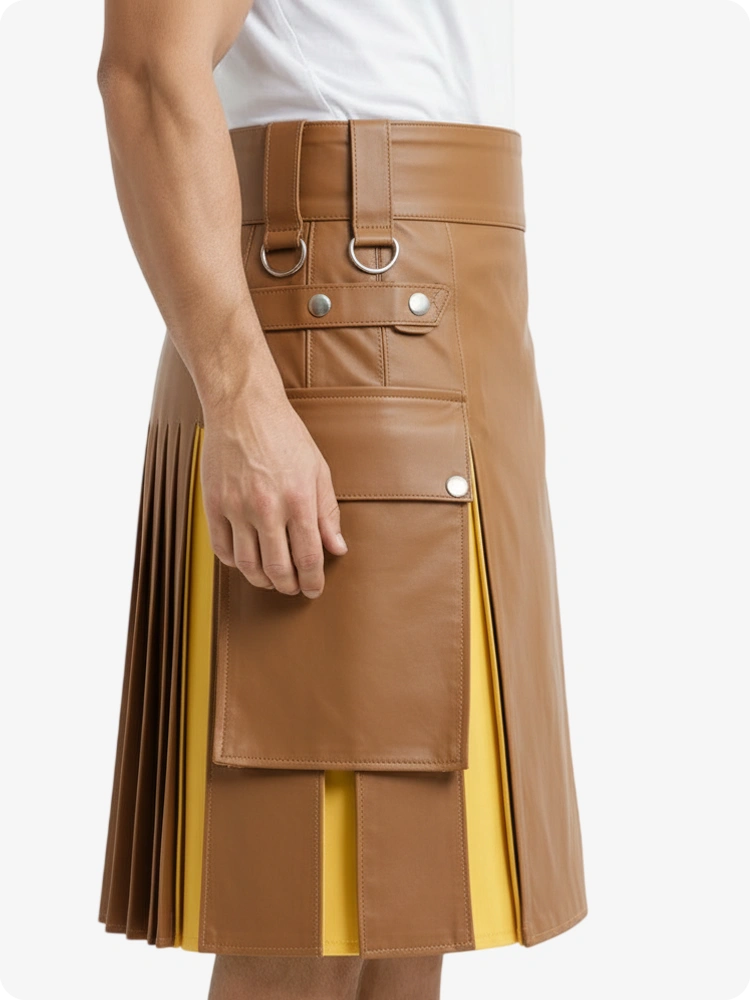 Kilt en cuir tan et jaune avec poches cargo