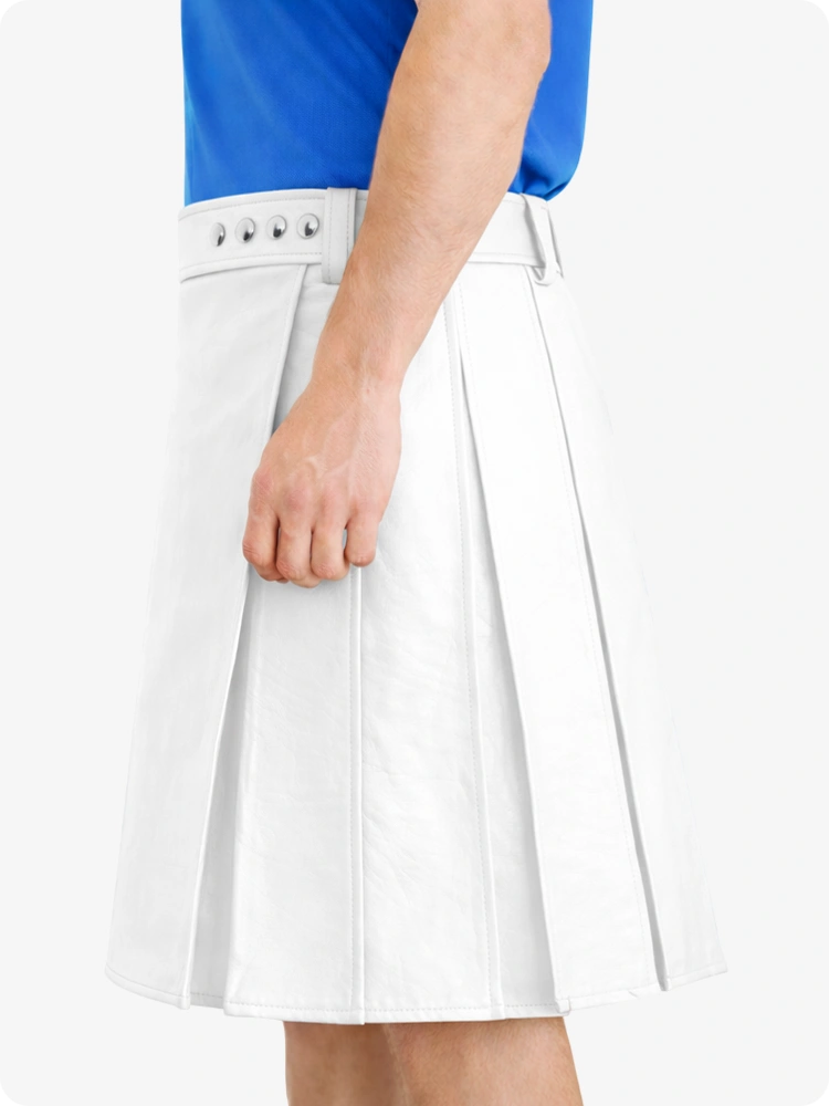 White Genuine Leather Utility Kilt with Studded Waistband