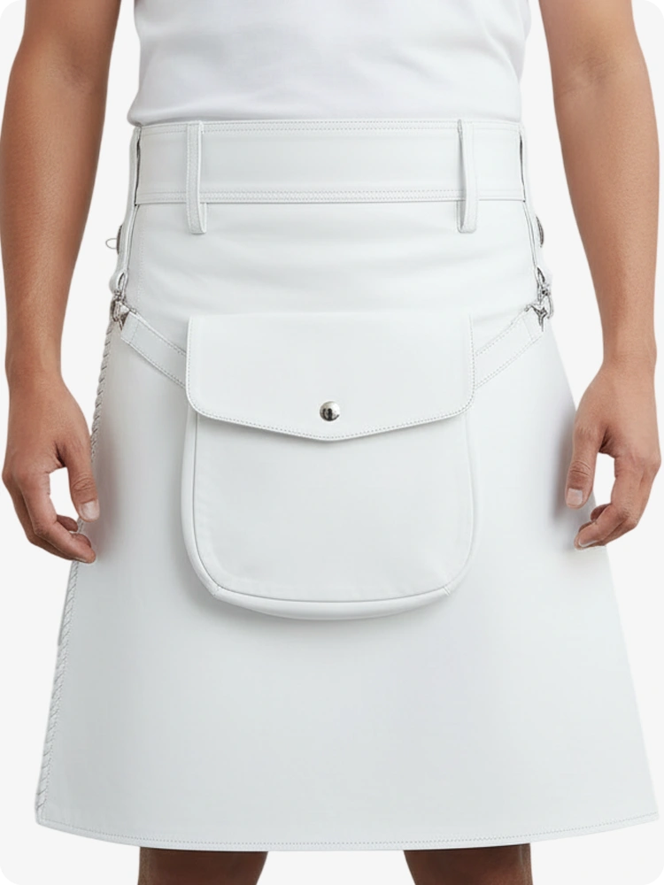 Kilt en cuir plissé blanc avec passants de ceinture et sangles latérales