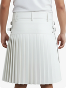 White pleated skirt worn by a person on a white background