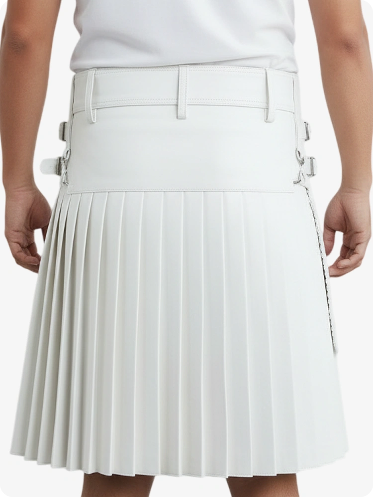 White pleated skirt worn by a person on a white background