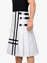 White skirt with black accents worn by a person on a white background