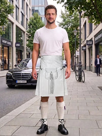 A man stands on a city sidewalk wearing a white t-shirt, a light grayish-green kilt with a silver-toned leather strap and pouch, cream knee-high socks, and black leather shoes. Modern buildings, trees, and a black Mercedes-Benz are visible in the background.