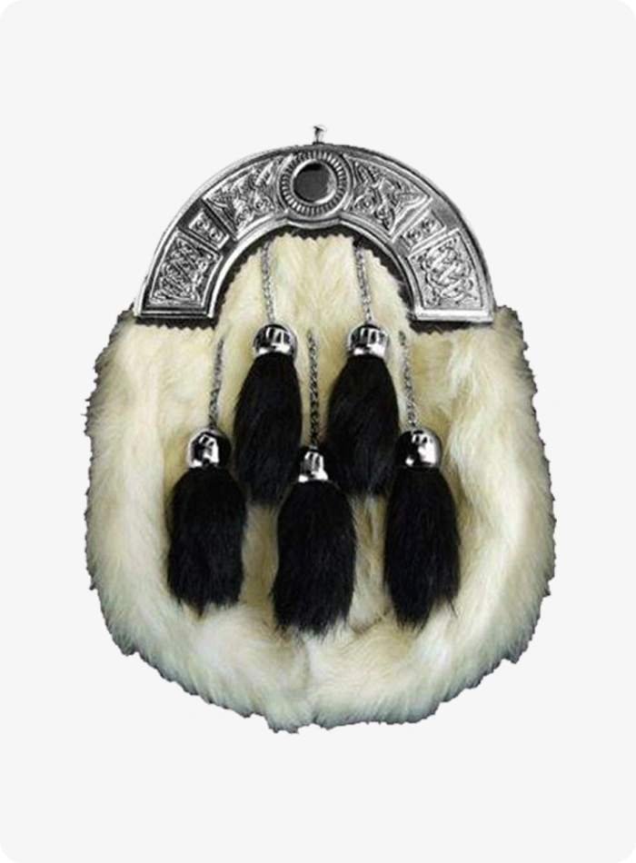Chrome Celtic Cantle White Rabbit Fur Sporran With 5 Black Fur Tassels