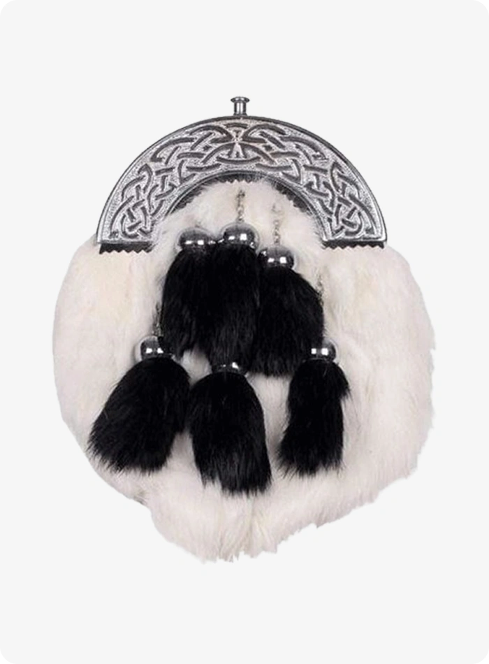 Chrome Celtic Cantle White Rabbit Fur Sporran With 6 Black Fur Tassels