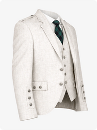White suit jacket with a plaid tie on a white background