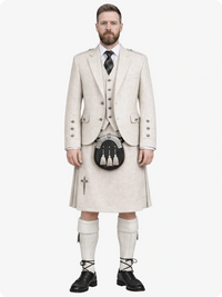 Man wearing a traditional Scottish kilt with a white background