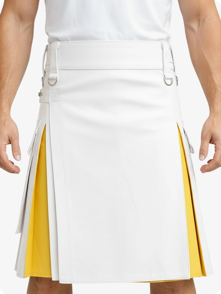 Kilt en cuir blanc et jaune avec poches cargo