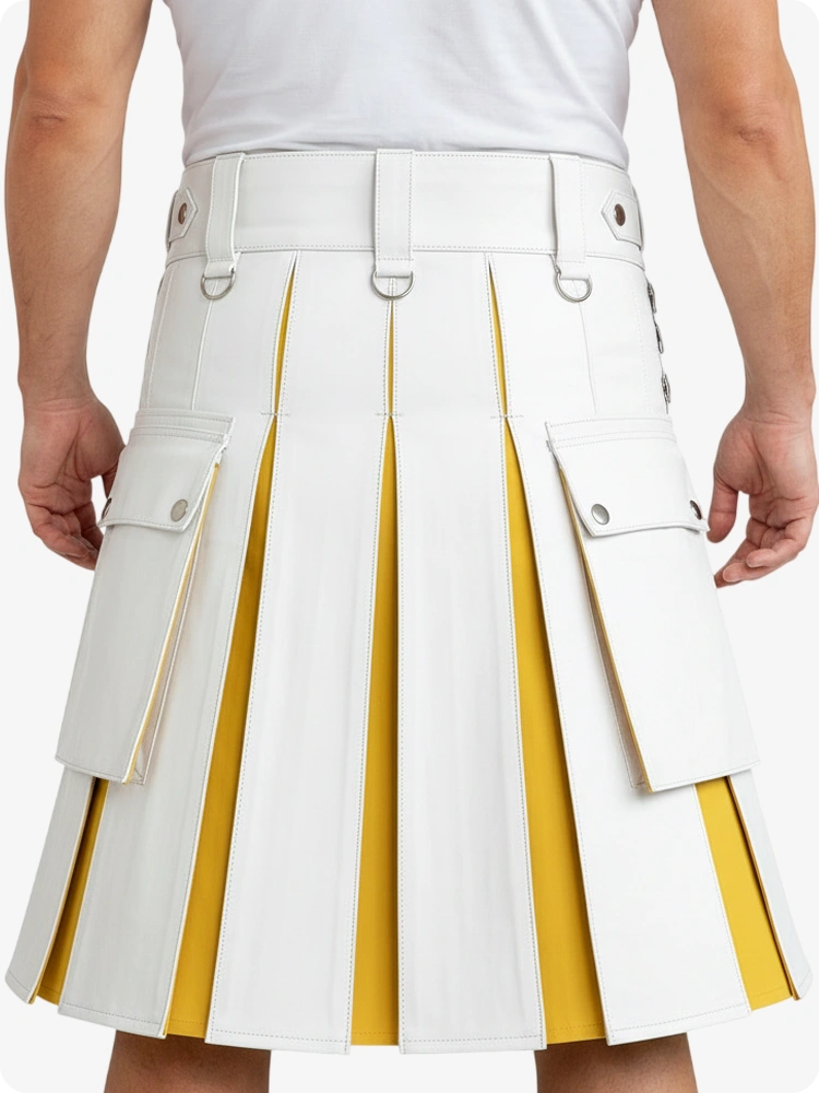White pleated skirt with yellow accents worn by a person on a white background