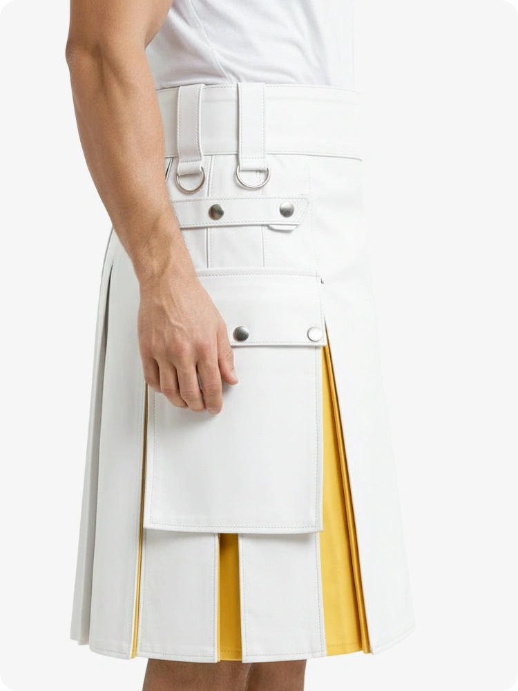 Kilt en cuir blanc et jaune avec poches cargo