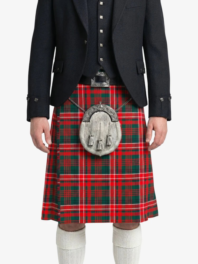 Person wearing a red and green plaid kilt with a silver sporran on a white background