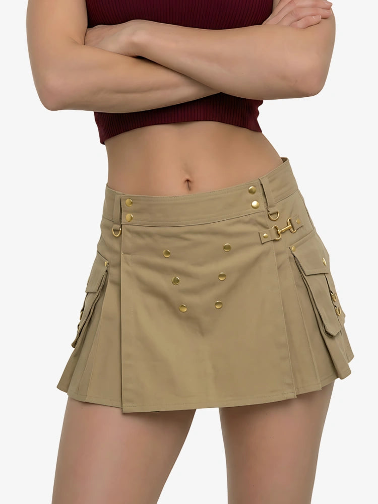 Kilt utility kaki pour femme avec bouton doré