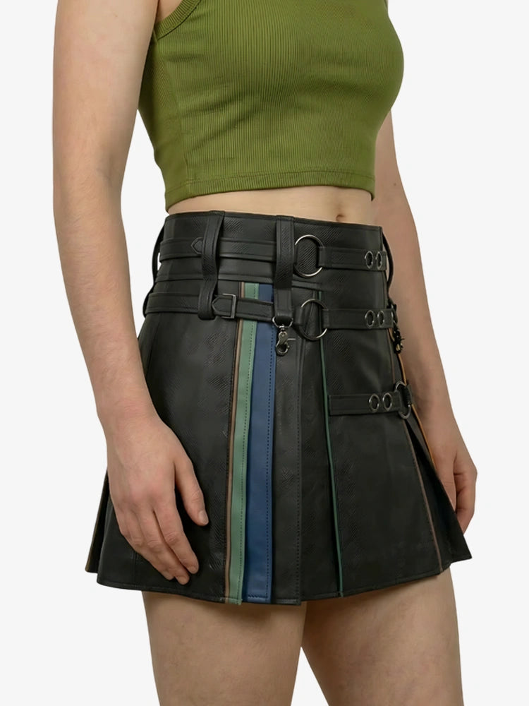 Kilt en cuir arc-en-ciel pour femme avec sangles à anneaux
